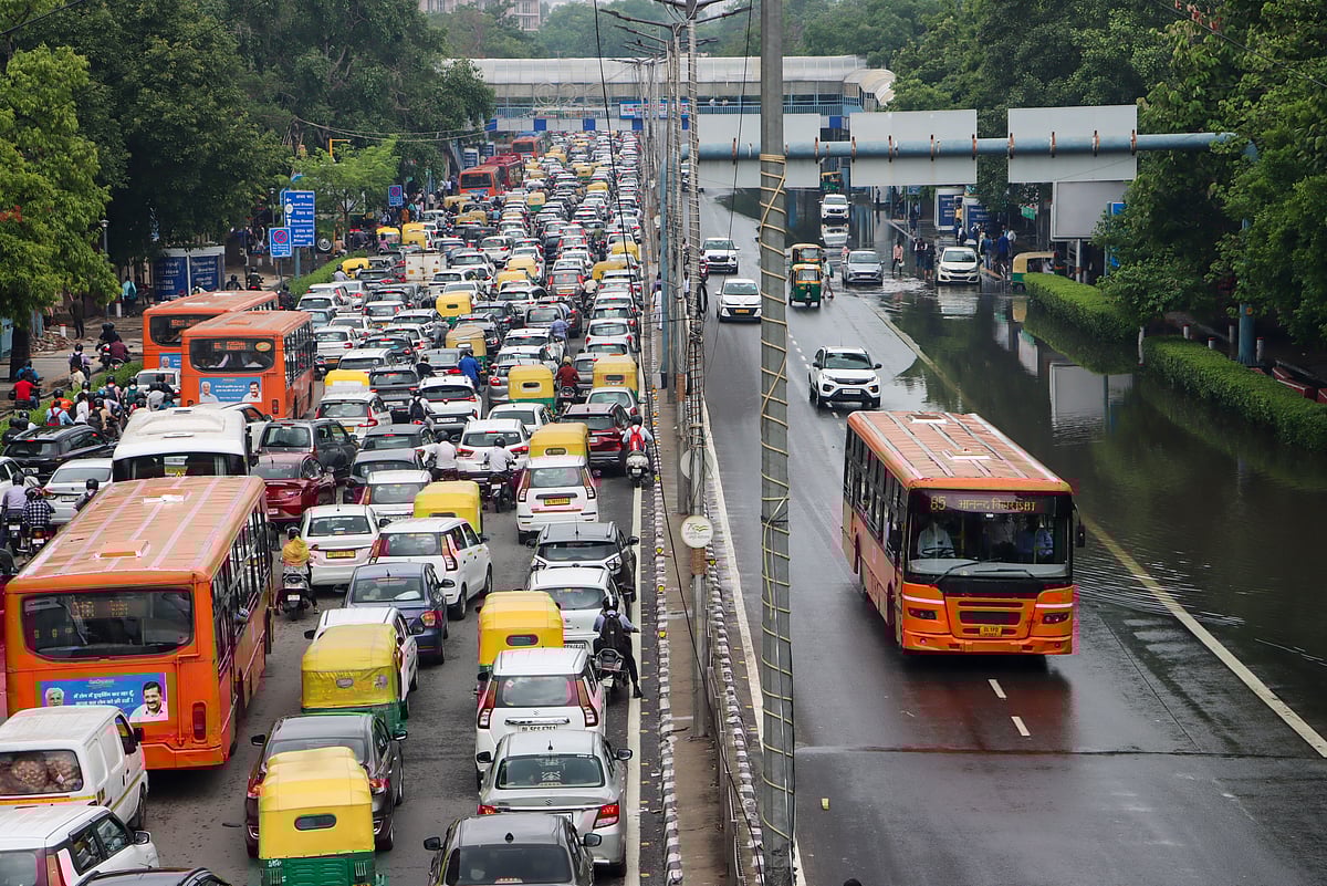 PTI/File : Vehicles stuck in traffic jam after rains, in New Delhi, Thursday, August 1, 2024